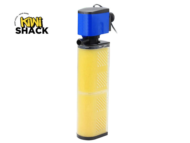 Yellow water filter with blue top on a white background, featuring Kiwi Shack logo.