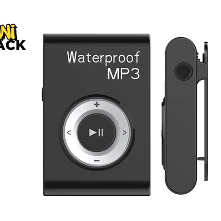A black waterproof MP3 player shown from the front and side on a white background, with a Kiwi Shack logo in the top-left corner.