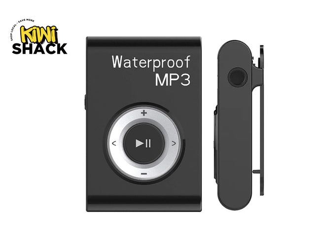 A black waterproof MP3 player shown from the front and side on a white background, with a Kiwi Shack logo in the top-left corner.