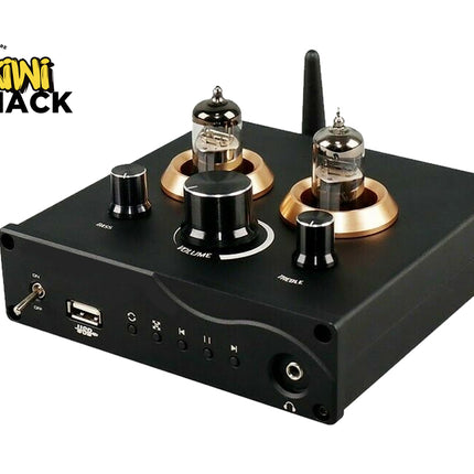 Audio amplifier with vacuum tubes on a white background, featuring the Kiwi Shack logo.