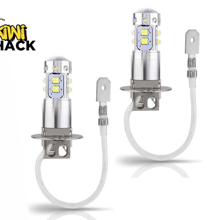 Two LED car bulbs with connectors on a white background, branded 'Kiwi Shack'.