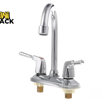 A polished chrome dual-handle kitchen faucet with a high-arc swivel spout and lever handles on an oval deck plate, featuring a "Kiwi Shack" logo in the top left corner.