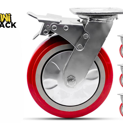 A red and silver caster wheel with a metal mounting bracket, shown on a white background with three smaller inset views of the same product on the right and a KiNi Shack logo in the top left.