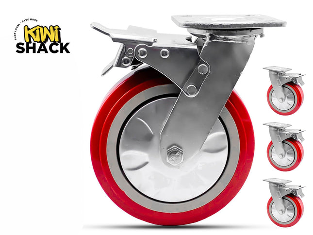 A red and silver caster wheel with a metal mounting bracket, shown on a white background with three smaller inset views of the same product on the right and a KiNi Shack logo in the top left.