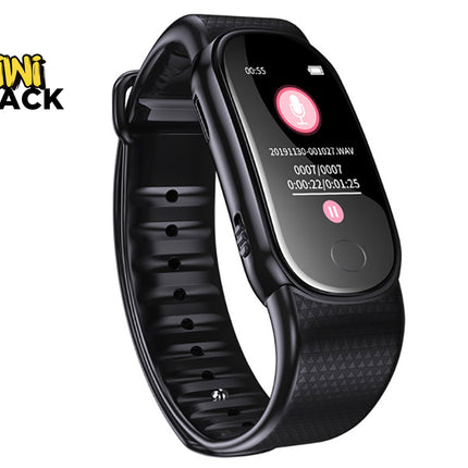 A black smart wristband with a textured strap and a glossy black rectangular display showing a pink recording icon and recording details. The brand logo 'KIWI SHACK' is visible in the top-left corner on a plain white background.