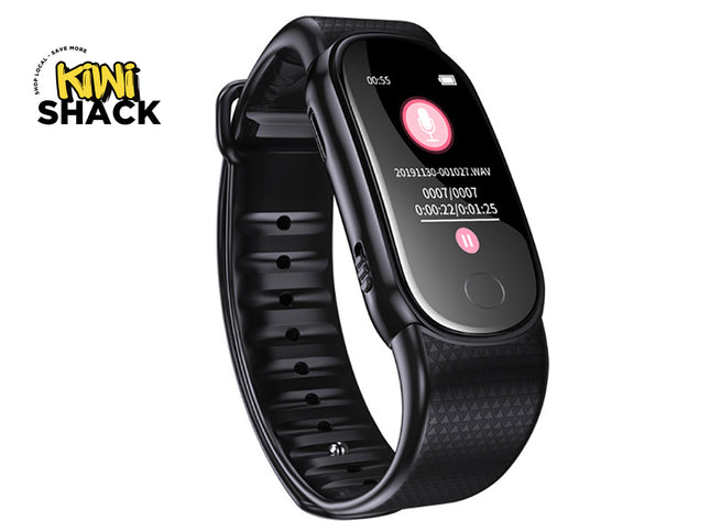 A black smart wristband with a textured strap and a glossy black rectangular display showing a pink recording icon and recording details. The brand logo 'KIWI SHACK' is visible in the top-left corner on a plain white background.