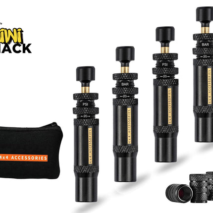 Four black 4x4 vehicle tire pressure gauges with gold accents, a black zippered carrying pouch, and several small black rubber valve core tools, displayed on a white background with the Kini Shack logo.
