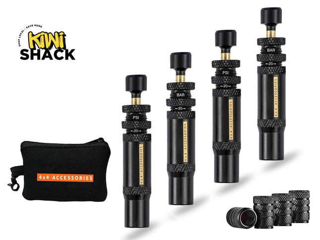 Four black 4x4 vehicle tire pressure gauges with gold accents, a black zippered carrying pouch, and several small black rubber valve core tools, displayed on a white background with the Kini Shack logo.