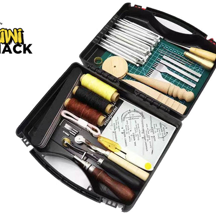Kiwi Shack leatherworking tool set displayed in an open black hard case on a white background. The set includes various metal tools, spools of thread in yellow, brown, and black, a wooden block, a metal ruler, and a printed instruction sheet.
