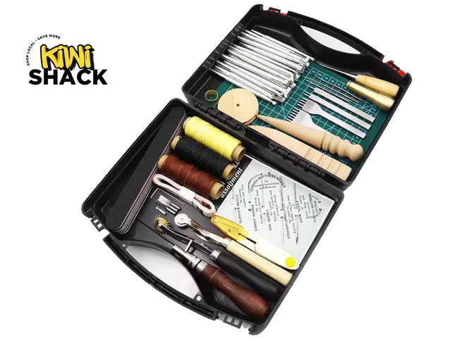 Kiwi Shack leatherworking tool set displayed in an open black hard case on a white background. The set includes various metal tools, spools of thread in yellow, brown, and black, a wooden block, a metal ruler, and a printed instruction sheet.