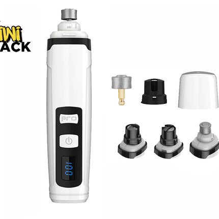 White and black electronic pet nail grinder / dog claw trimmer with digital LED display showing battery percentage (100), power button, "PRO" label, interchangeable grinding/safety heads and protective cap arranged to the side, and the Kiwi Shack logo watermark.
