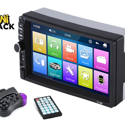 A car stereo headunit with a colorful touchscreen display, shown with a wired remote control and a wireless controller on a white background. The Kiwi Shack logo is visible in the top-left corner.