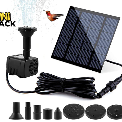 Solar-powered water pump kit with solar panel, pump, and various nozzles on a white background. Brand 'Kiwi Shack' visible.