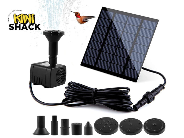 Solar-powered water pump kit with solar panel, pump, and various nozzles on a white background. Brand 'Kiwi Shack' visible.