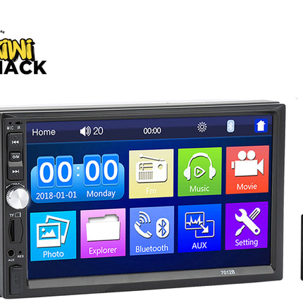 A black car stereo head unit with a colorful touchscreen display and a separate black remote control, shown on a white background with the Kiwi Shack logo in the top left corner.