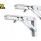 A pair of folding white metal shelf brackets with adjustable support arms and wall mounting plates against a white background, featuring the "Kiwi Shack" logo in the upper left corner.