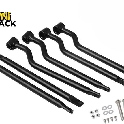 Kiwi Shack heavy-duty black steel automotive reinforcement braces and suspension support bars with hardware.