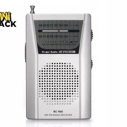 A silver BC-R60 AM-FM pocket radio receiver featuring a retractable antenna, a circular speaker grille, and an analog tuning dial face against a white background. A "Kiwi Shack" logo appears in the top-left corner.