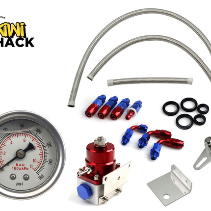 Automotive parts including a gauge, hoses, and connectors with Kiwi Shack branding.