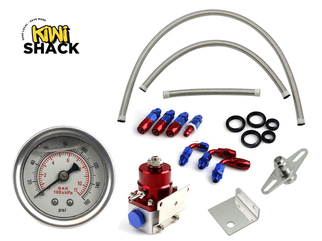 Automotive parts including a gauge, hoses, and connectors with Kiwi Shack branding.