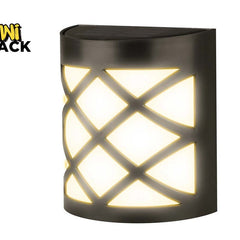 A black outdoor wall light fixture by Mini Shack, featuring a cylindrical body with a crisscross cutout pattern that illuminates a warm white light. The Mini Shack logo is visible in the top-left corner.