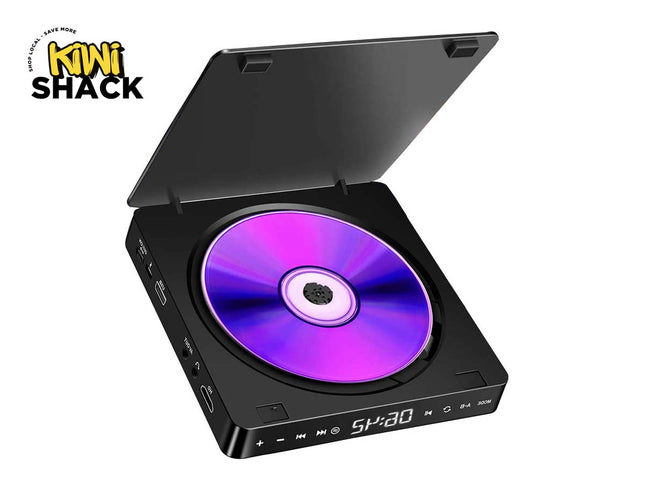 Black DVD player with a purple disc on a white background, featuring the Kini Shack logo.