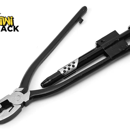 Black heavy-duty fencing pliers / wire-crimping fencing tool with serrated jaws, a hinged lever handle, wire cutter notches, knurled adjustment nut at the end, and Kiwi Shack logo in top left.