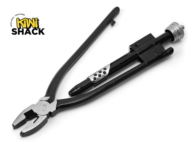 Black heavy-duty fencing pliers / wire-crimping fencing tool with serrated jaws, a hinged lever handle, wire cutter notches, knurled adjustment nut at the end, and Kiwi Shack logo in top left.