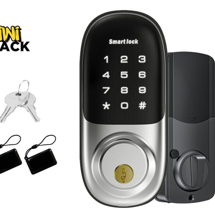 Smart lock with keypad, keys, and keychains on a white background, featuring the Kiwi Shack brand.
