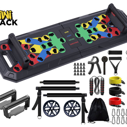 Assorted fitness equipment set with colorful resistance bands and black tray on a white background, featuring 'Kiwi Shack' branding.