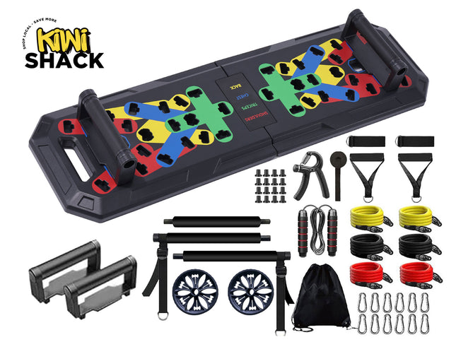 Assorted fitness equipment set with colorful resistance bands and black tray on a white background, featuring 'Kiwi Shack' branding.