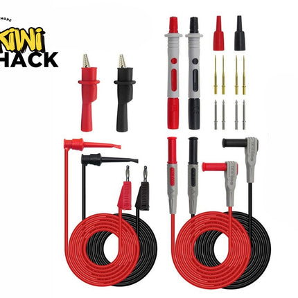 A comprehensive multimeter test lead and accessory kit, including red and black multimeters probes, coiled test cables with banana plugs, alligator clips, plunger hooks, and interchangeable tips against a white background, featuring the "Kiwi Shack" logo in the upper left corner.
