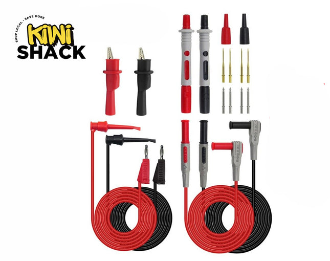 A comprehensive multimeter test lead and accessory kit, including red and black multimeters probes, coiled test cables with banana plugs, alligator clips, plunger hooks, and interchangeable tips against a white background, featuring the "Kiwi Shack" logo in the upper left corner.
