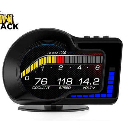 Car dashboard display with digital readings on a white background, featuring the Kiwi Shack logo.