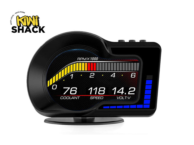 Car dashboard display with digital readings on a white background, featuring the Kiwi Shack logo.