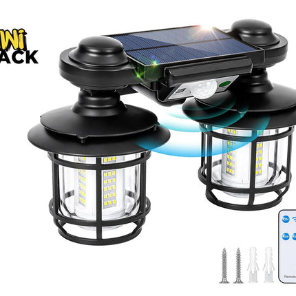 Two solar-powered outdoor lights with a remote control on a white background, branded as Kiwi Shack.