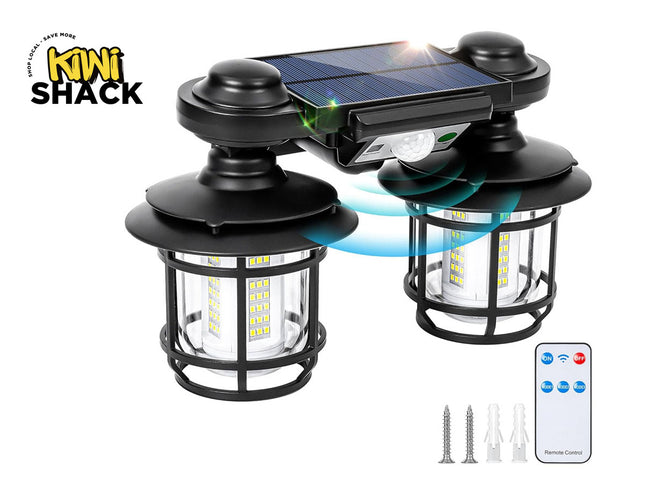 Two solar-powered outdoor lights with a remote control on a white background, branded as Kiwi Shack.