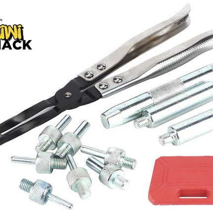 Automotive specialty tool kit including long-reach pliers, threaded adapters, and a red plastic case, with the Kiwi Shack logo in the top left.