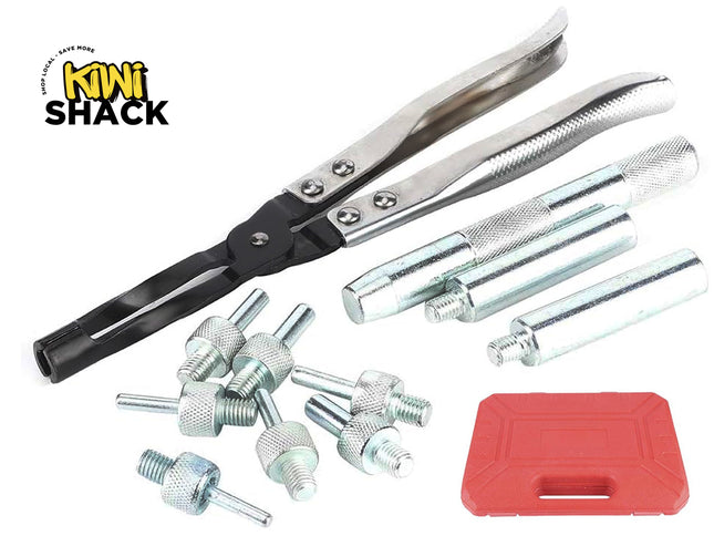 Automotive specialty tool kit including long-reach pliers, threaded adapters, and a red plastic case, with the Kiwi Shack logo in the top left.