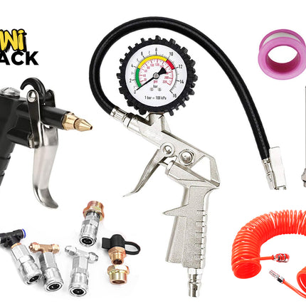 Kiwi Shack air hose blower kit with a black spray gun, pressure gauge, black hose, orange coiled air hose, metal fittings, and a pink ring, displayed on a white background with the Kiwi Shack logo.