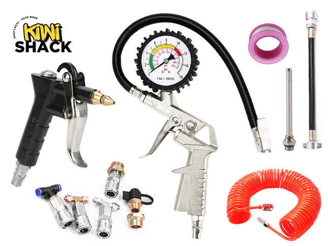 Kiwi Shack air hose blower kit with a black spray gun, pressure gauge, black hose, orange coiled air hose, metal fittings, and a pink ring, displayed on a white background with the Kiwi Shack logo.