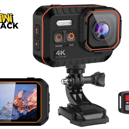 Action camera with screen, remote control, and accessories on a white background with 'Kiwi Shack' branding.