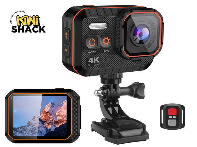 Action camera with screen, remote control, and accessories on a white background with 'Kiwi Shack' branding.