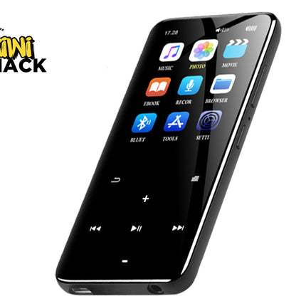 A black touchscreen media player smartphone shown at an angle on a white background, with the Kiwi Shack logo in the top-left corner.
