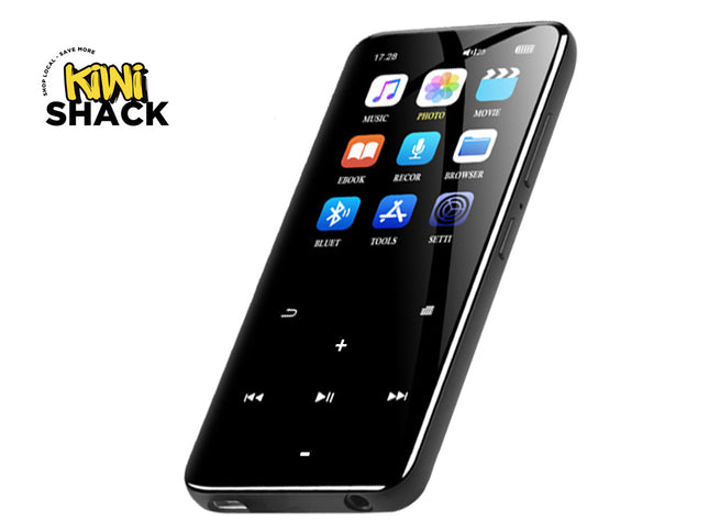 A black touchscreen media player smartphone shown at an angle on a white background, with the Kiwi Shack logo in the top-left corner.