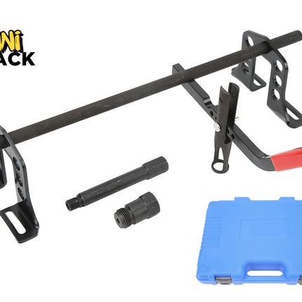 Kiwi Shack automotive specialty tool kit featuring mounting brackets, a threaded bar, puller components, and a blue blow-molded case.