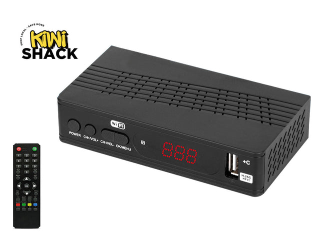 Black electronic device with digital display and remote control on a white background, branded 'Kiwi Shack'.