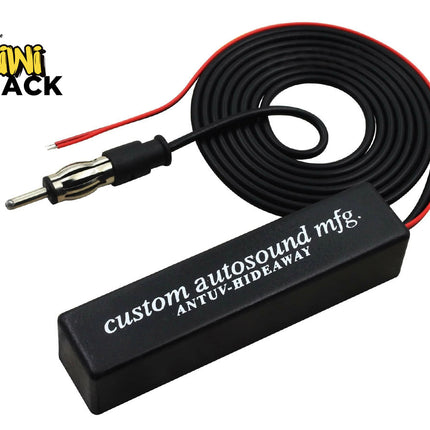 A Custom Autosound antenna hideaway module with its connected coiled cable, antenna plug, and power wire, featuring the "Kiwi Shack" logo in the corner.