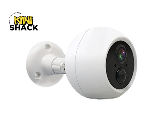 A white spherical security camera with a black lens face and a white wall mount bracket, shown on a plain white background with a Kiwi Shack logo in the top-left corner.