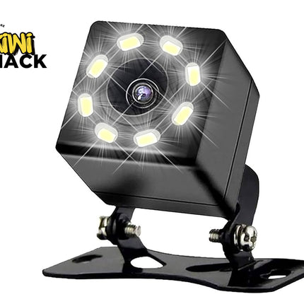 Black camera with LED lights on a white background, branded as Kiwi Shack.